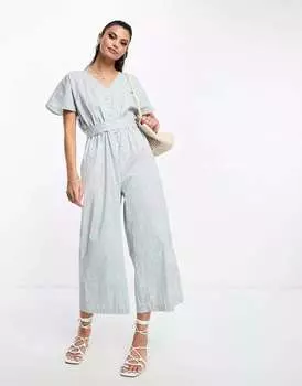 Синий комбинезон Monki с v-образным вырезом и завязками на талии и короткими рукавами