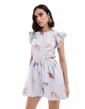 Синий комбинезон с рюшами на рукавах и вырезом на талии ASOS DESIGN