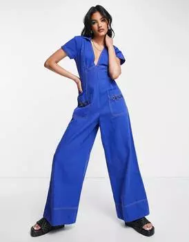 Синий комбинезон с саржевым воротником и широкими штанинами ASOS DESIGN