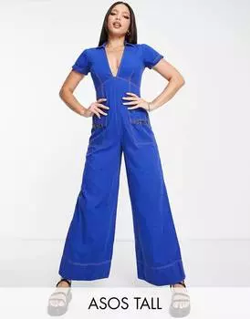 Синий комбинезон с широкими штанинами и воротником из твила ASOS DESIGN Tall