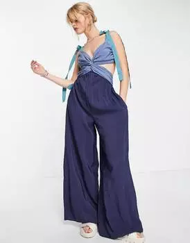 Синий комбинезон в стиле колор-блок с завязками на рукавах Topshop