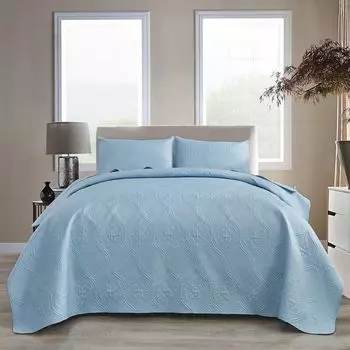 (Синий) Комплект стеганого покрывала из 3 предметов, двусторонний легкий мягкий чехол с вышивкой (90 x 98 дюймов) и 2 наволочки (19 x 27 дюймов), ele eleoption