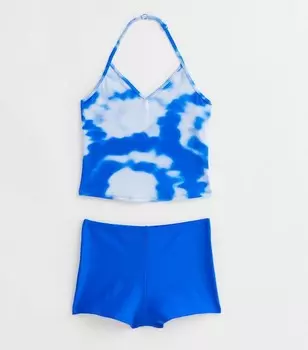 Синий комплект танкини с бретелькой на шее и принтом тай-дай для девочек New Look, синий