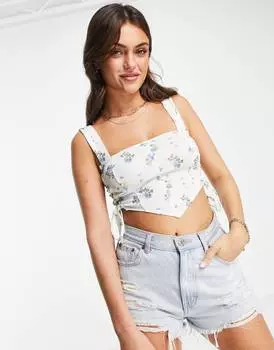 Синий корсетный топ с рюшами по бокам ASOS DESIGN с цветочным принтом ASOS DESIGN