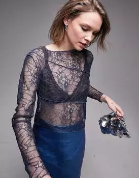 Кружевной топ с длинными рукавами и асимметричным подолом Topshop, синий