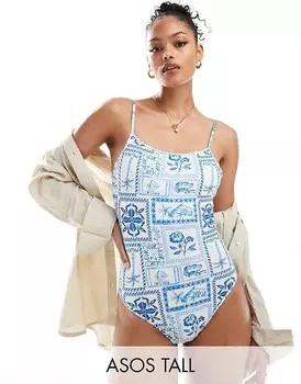 Синий купальник ASOS DESIGN Tall – Soleil – с квадратным вырезом и тонкими бретелями