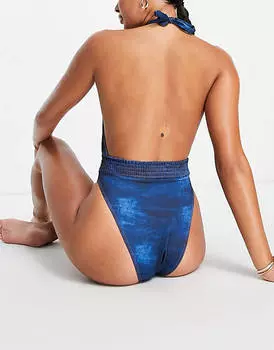 Синий купальник с глубоким вырезом и вырезом ASOS DESIGN