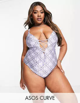 Синий купальник со шнуровкой спереди ASOS DESIGN Curve