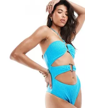 Синий купальник South Beach с воротником-бретелькой, кольцом, вырезом спереди и складками