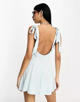 Синий льняной сарафан мини с перекрестными бретелями и годетами ASOS DESIGN
