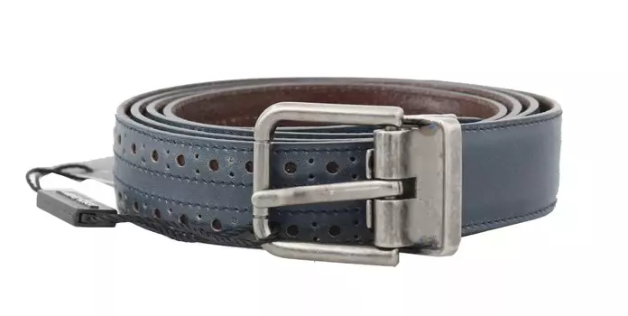 Синий перфорированный кожаный ремень с серой пряжкой Dolce & Gabbana, Gray