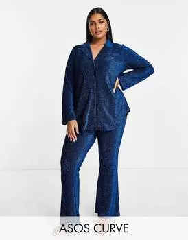 Синий пижамный комплект из блестящей рубашки и брюк ASOS DESIGN Curve