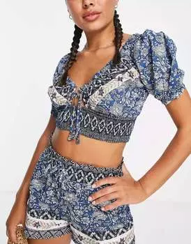 Синий пляжный топ с вырезами и пышными рукавами River Island