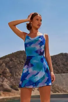 Синий сетчатый комбинезон с принтом тай-дай и воротником-хомут QUIZ Clothing