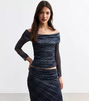 Синий сетчатый топ с открытыми плечами в клетку New Look, синий