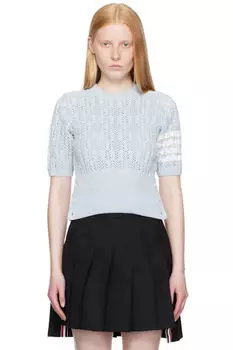 Синий свитер с 4-х полосным узором, выполненный в технике ажурной косы Thom Browne