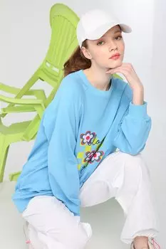Синий свитшот с принтом Bloom With Grace с круглым вырезом ALL DAY