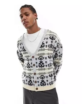 Синий свободный кардиган пушистой вязки со скандинавским узором ASOS DESIGN