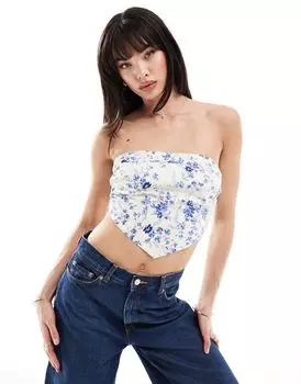 Синий топ-бандо с v-образным вырезом и цветочным принтом ASOS DESIGN