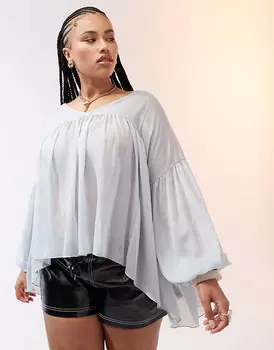 Синий топ с баской и V-образным вырезом ASOS DESIGN Curve