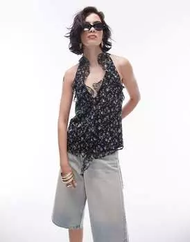 Синий топ с бретельками и оборками Topshop