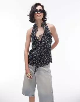 Синий топ с бретельками и оборками Topshop