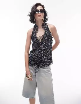 Синий топ с бретельками и оборками Topshop