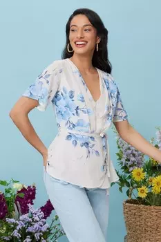 Синий топ с цветочным принтом и завязками QUIZ Clothing