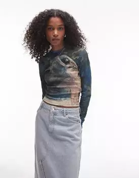 Синий топ с длинными рукавами Topshop Art Museum и пейзажным принтом Дега