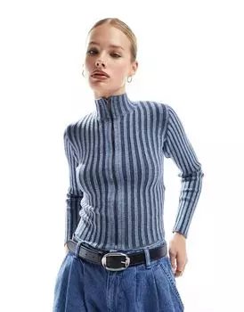 Синий топ с длинными рукавами в рубчик Pull&Bear
