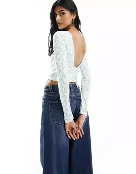 Синий топ с низкой спинкой и цветочным принтом ASOS