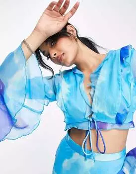Синий топ с оборками и завязкой спереди ASOS