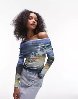Синий топ с открытыми плечами и длинными рукавами Topshop