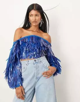 Синий топ с пайетками и объемными рукавами ASOS EDITION