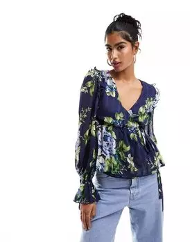 Синий топ с присборками ASOS с цветочным принтом