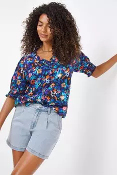 Синий топ с рюшами на вырезе и контрастной вышивкой JD Williams, синий