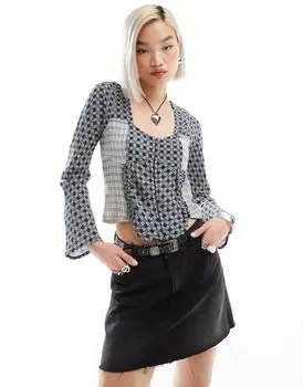 Синий топ в клетку с длинными рукавами Reclaimed Vintage