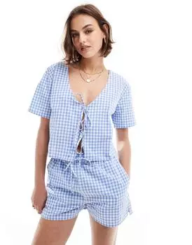 Синий топ в клетку с завязками спереди ASOS