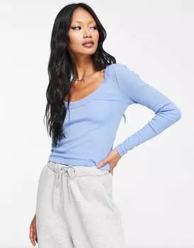 Синий топ в рубчик с длинными рукавами и круглым вырезом ASOS DESIGN