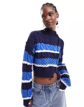 Синий укороченный свитер ASOS в полоску, узор смешанной вязки и сращенные детали