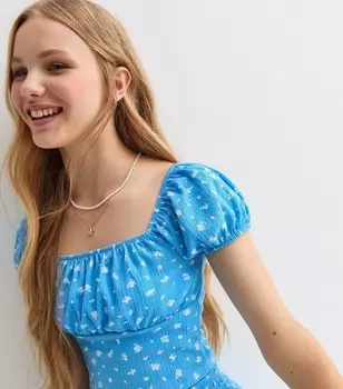 Синий укороченный топ с пышными рукавами и цветочным принтом для девочек New Look, синий