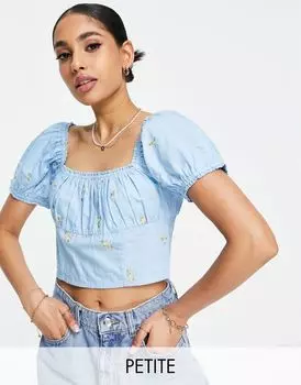 Синий укороченный топ со сборками и вышивкой Miss Selfridge Petite