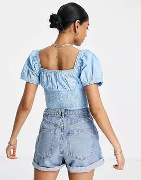 Синий укороченный топ со сборками и вышивкой Miss Selfridge Petite