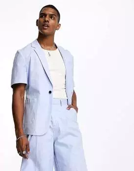 Синий узкий льняной пиджак с короткими рукавами ASOS