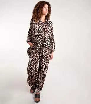 Синий ванильный коричневый комплект брюк-рубашки с леопардовым принтом Blue Vanilla, коричневый