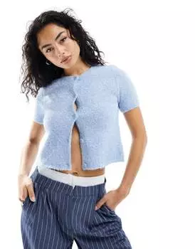 Синий вязаный кардиган с короткими рукавами и пуговицами ASOS DESIGN