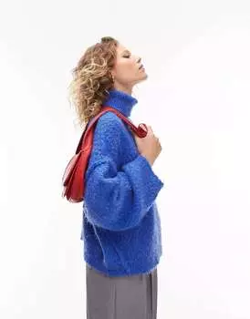 Синий вязаный пушистый джемпер с высоким воротником Topshop