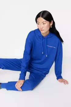 Синий вязаный спортивный костюм Saks с капюшоном и принтом Trendyol Modest