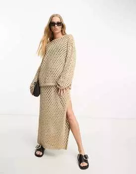Синий вязаный топ с круглым вырезом и длинными рукавами ASOS