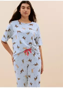 Синий женский пижамный комплект с круглым вырезом с рисунком Marks & Spencer
